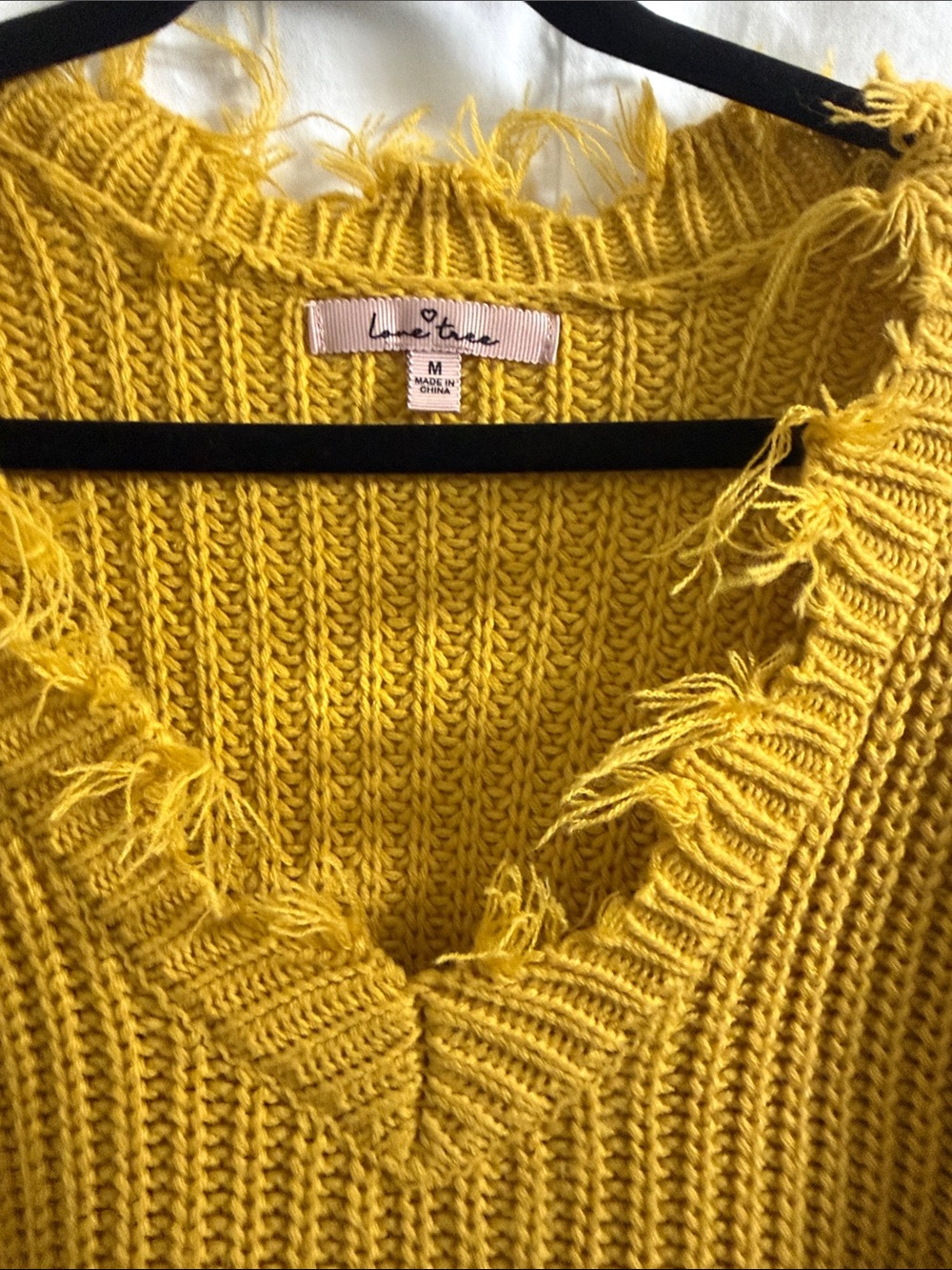Love Tree Mustard Yellow Distressed V-Neck Chunky Knit Sweater - Picture 3 of 6